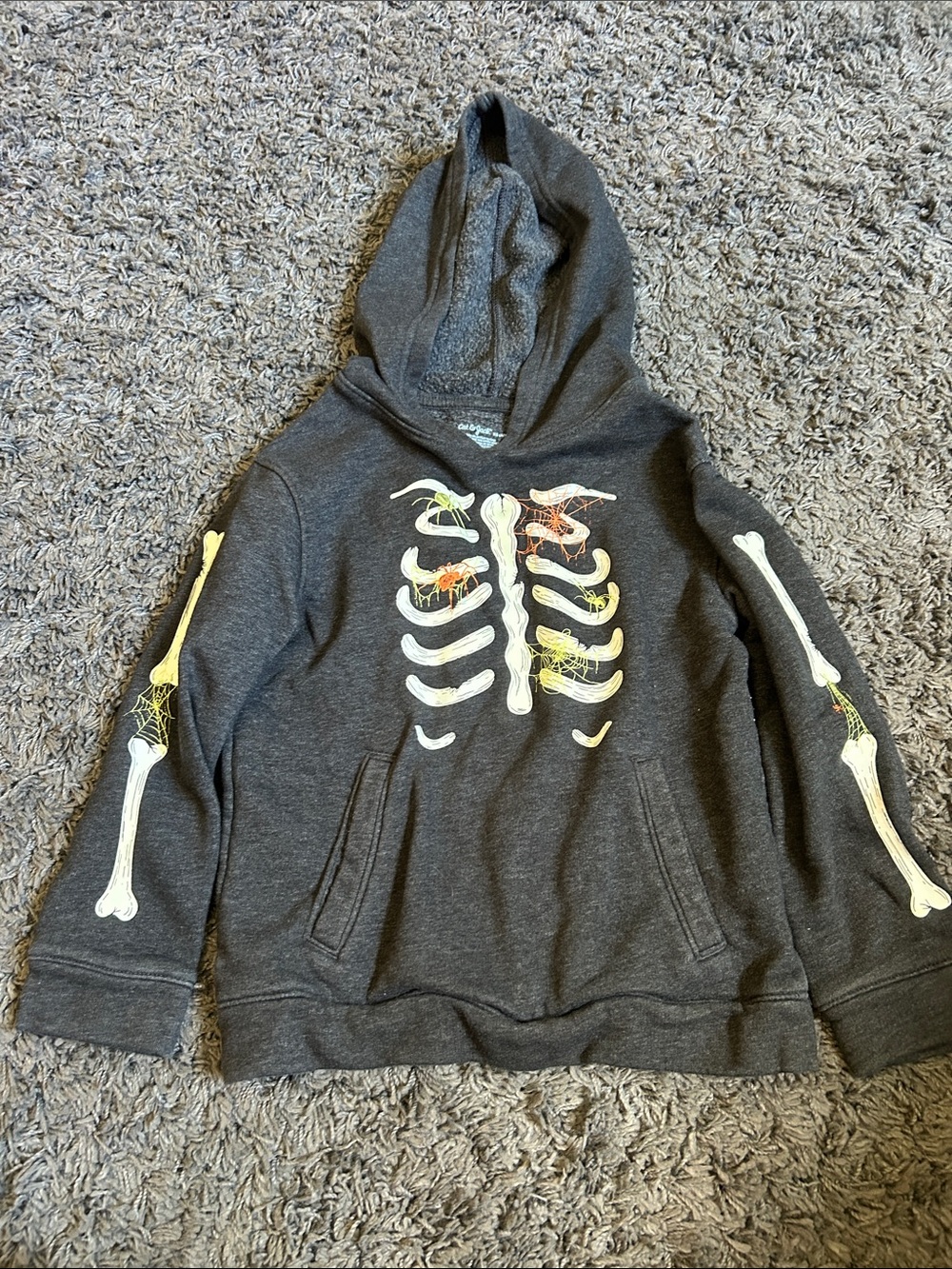 Cat & Jack Dark Gray Hoodie with Neon Bone & Spider Accents, glows in the dark